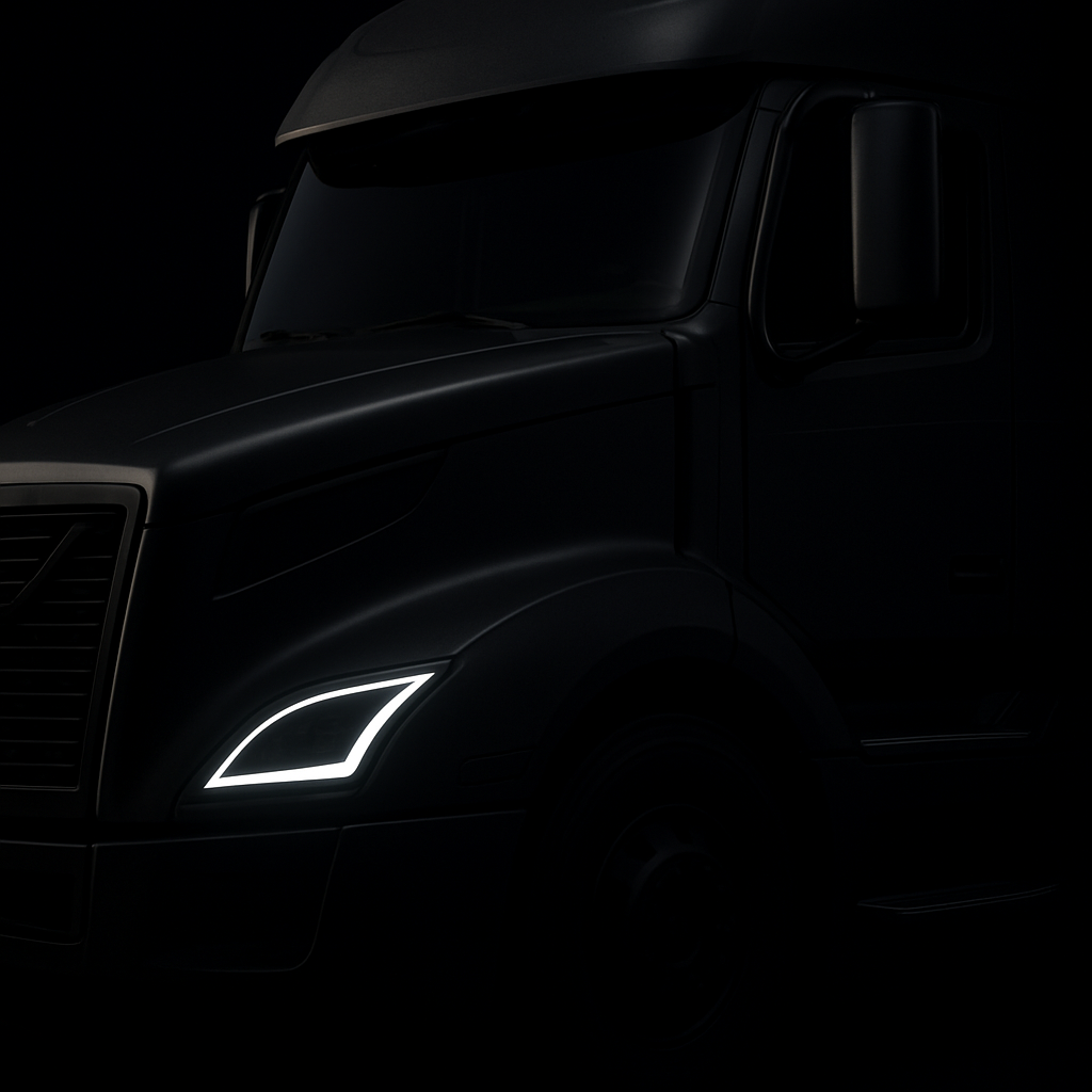 Macro detail of a dark matte-finished Class 8 commercial heavy truck cab with sharp LED headlight beams